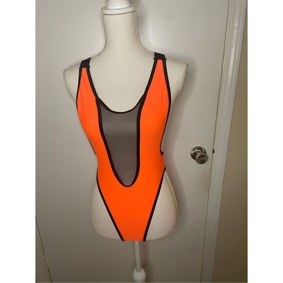 NWT One Piece Plunge Neck Swimsuit Size S Orange Mesh Pool Vacation Beach Sexy - Picture 7 of 11